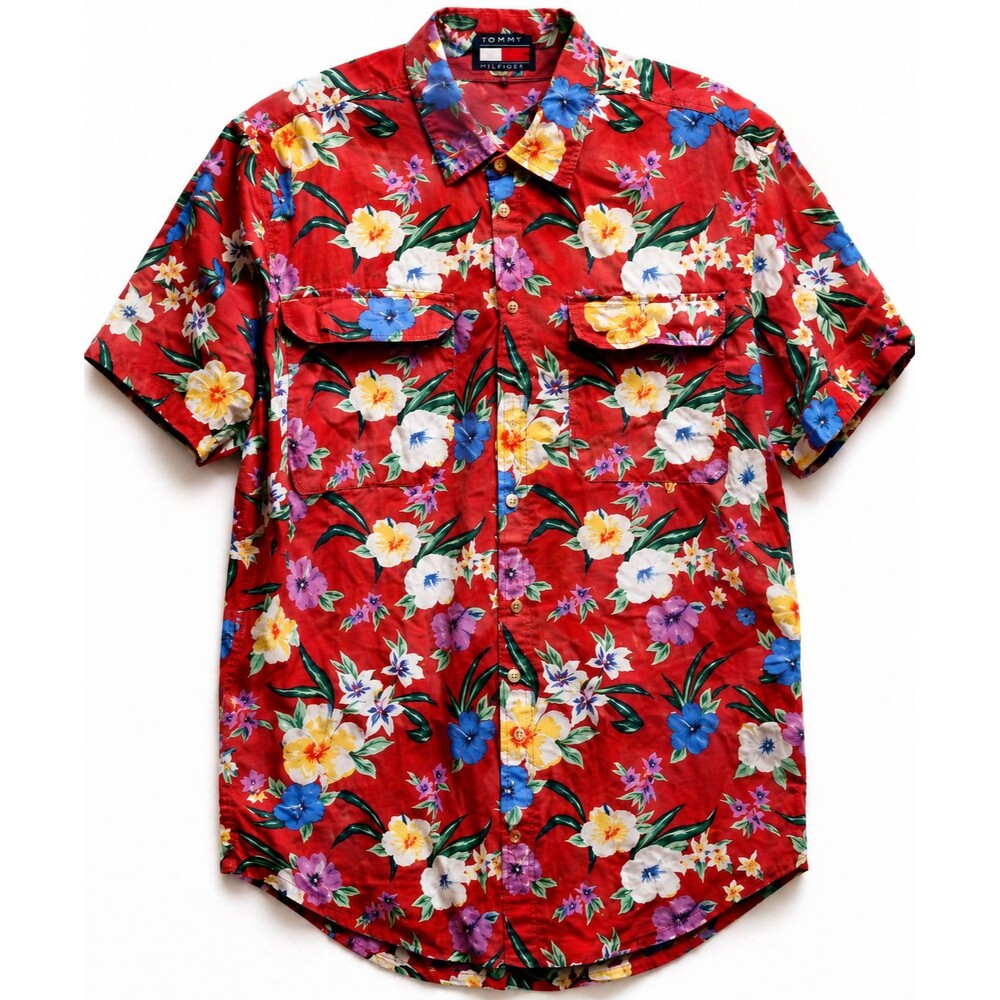 Tommy Hilfiger Hawaiian Shirt Mens L Red Floral Tropical Button Up Vintage Y2K